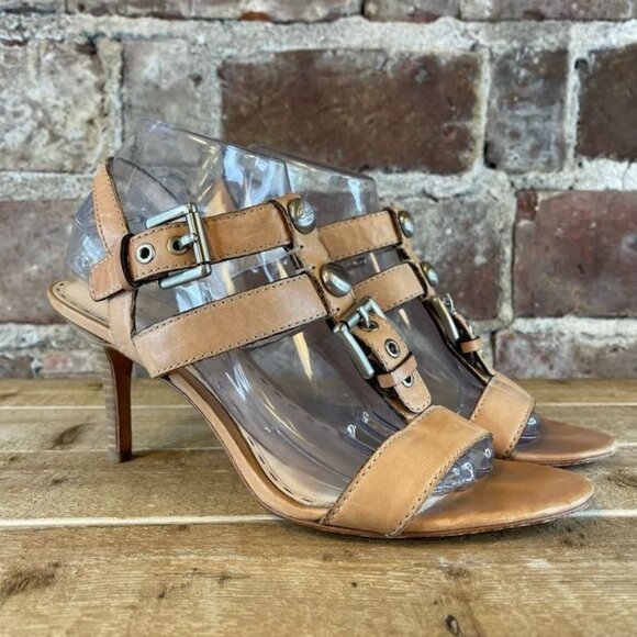 Coach Womens T Strap Sandals Stiletto Leather Tan Size 9.5 B - Picture 1 of 9